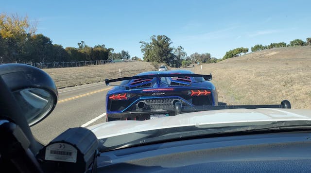A California Highway Patrol officer clocked and pulled over a driver in a Lamborghini who was going 152 mph in a 55 mph zone along a winding road in Buellton on Sunday.