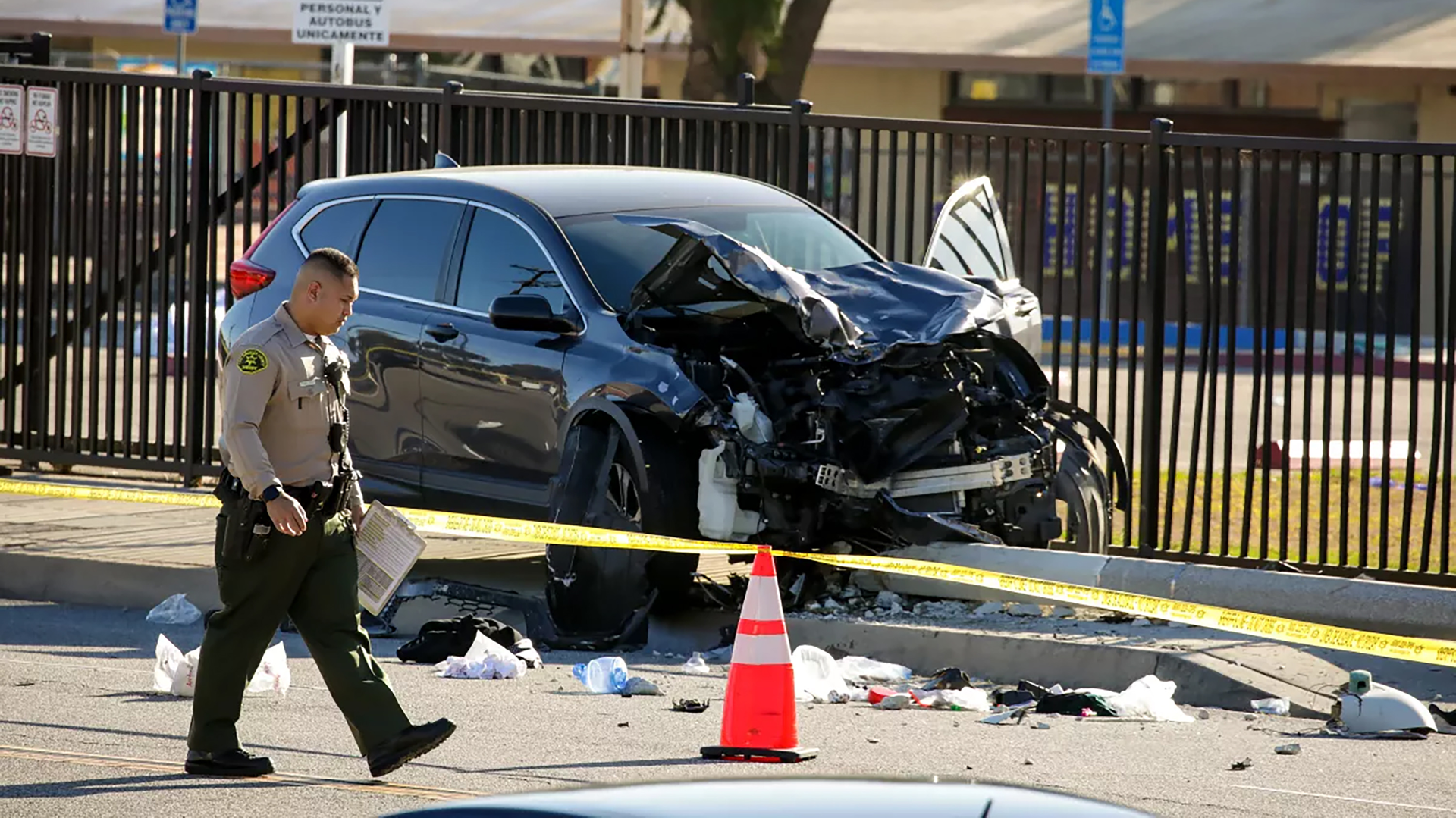 An SUV that struck Los Angeles County sheriff&rsquo;s cadets during a morning run Wednesday rests at the base of a toppled light pole in Whittier.