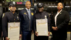 New York City Mayor Eric Adams (second from left) is flanked by NYPD Officers Taufique Bokth (left) and Brunel Victor (second from right) and Police Commissioner Keechant Sewell on Monday. New York City Mayor Eric Adams (second from left) is flanked by NYPD Officers Taufique Bokth (left) and Brunel Victor (second from right) and Police Commissioner Keechant Sewell on Monday.