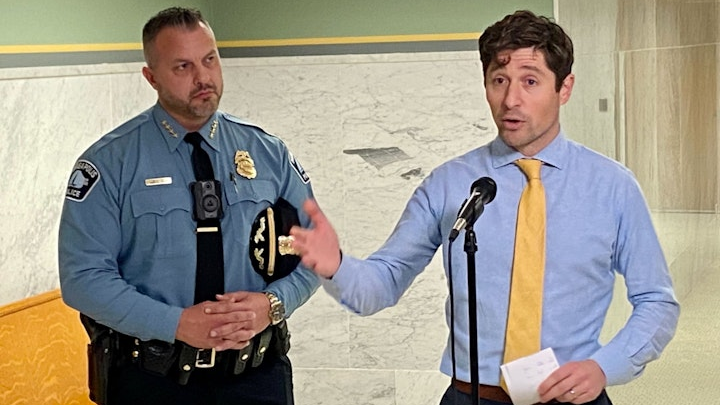 Minneapolis Police Chief Brian O'Hara (left) and Mayor Jacob Frey spoke Thursday at City Hall about the work by the Minneapolis City Council s budget committee.