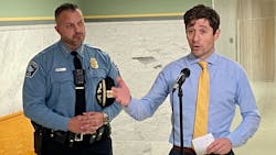 Minneapolis Police Chief Brian O&apos;Hara (left) and Mayor Jacob Frey spoke Thursday at City Hall about the work by the Minneapolis City Council s budget committee.