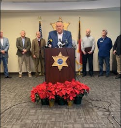 Moore County, NC, Sheriff Ronnie Fields talks to reporters Thursday concerning search warrants in connection with shootings at two electrical substations that knocked out power for days. Moore County, NC, Sheriff Ronnie Fields talks to reporters Thursday concerning search warrants in connection with shootings at two electrical substations that knocked out power for days.