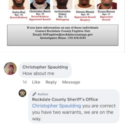 A man was arrested after he complained on the Facebook page of the Rockdale County, GA, Sheriff&apos;s Office that he wasn&apos;t on the agency&apos;s most wanted list.