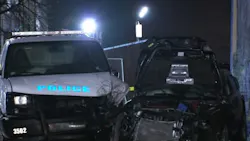 An out-of-control vehicle crashed into a Philadelphia police station and an unoccupied department vehicle Friday. An out-of-control vehicle crashed into a Philadelphia police station and an unoccupied department vehicle Friday.