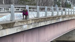 A New Hampshire State Police trooper rescued a stray dog from the edge of an icy bridge over a river in Shelburne on Sunday. A New Hampshire State Police trooper rescued a stray dog from the edge of an icy bridge over a river in Shelburne on Sunday.