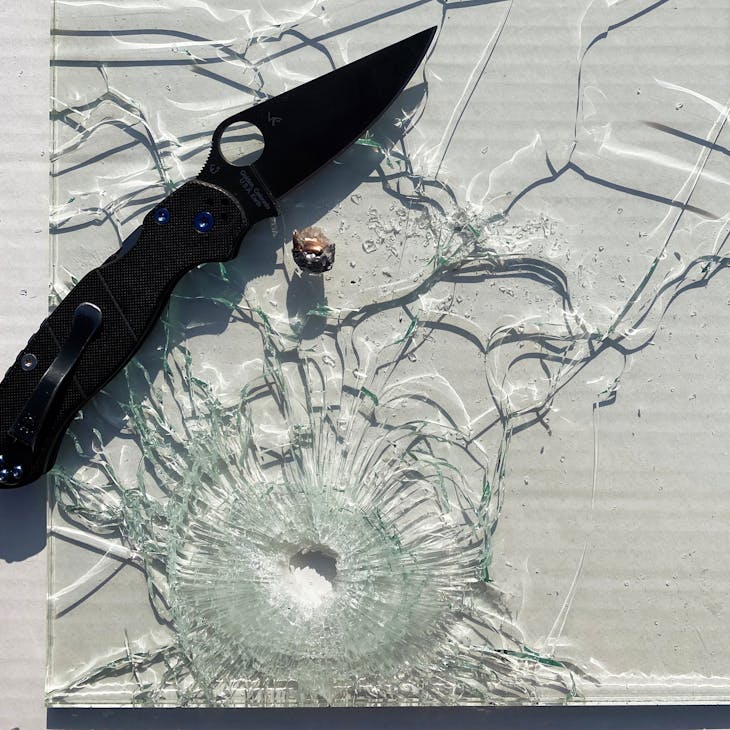 Barrier tests are always entertaining. In this test, a sheet of glass is placed in front of the ballistic gelatin at an oblique angle. This approximates shooting through a windshield, or similar scenario.