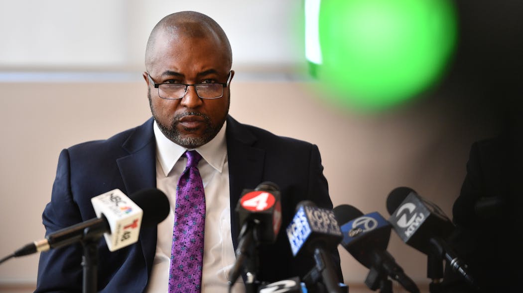 Oakland Police Chief LeRonne Armstrong speaks during a press conference in Emeryville, Calif., on Monday, Jan. 23, 2023. Armstrong, who was placed by the city's new mayor on paid leave last week for his apparent role in a misconduct scandal spoke to the media for the first time. Oakland Police Chief LeRonne Armstrong speaks during a press conference in Emeryville, Calif., on Monday, Jan. 23, 2023. Armstrong, who was placed by the city's new mayor on paid leave last week for his apparent role in a misconduct scandal spoke to the media for the first time.