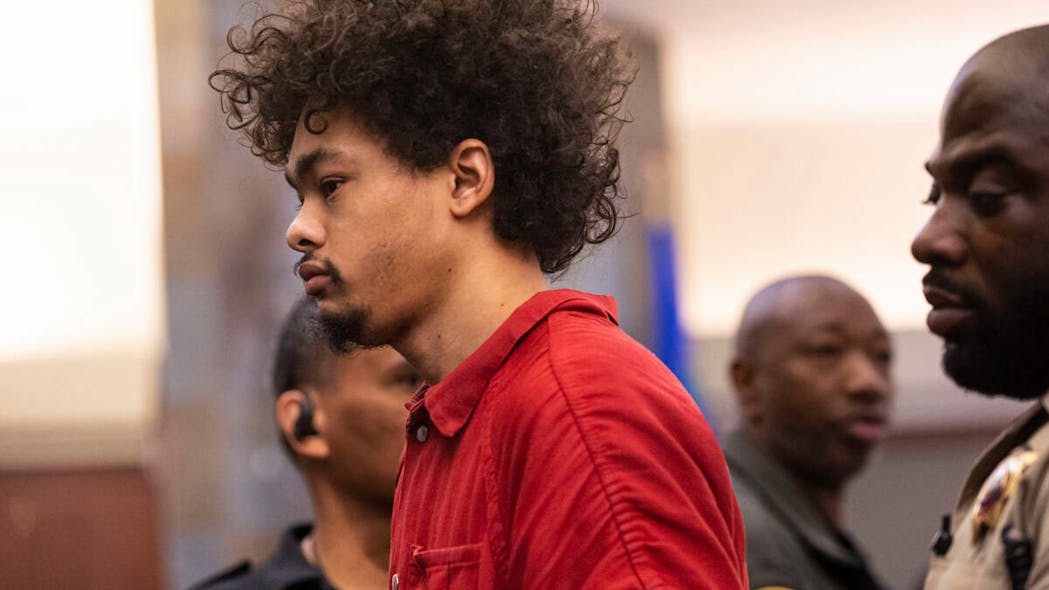 Tyson Hampton, charged in the fatal shooting of officer Truong Thai, appears in court at the Regional Justice Center on Thursday, Feb. 2, 2023, in Las Vegas.