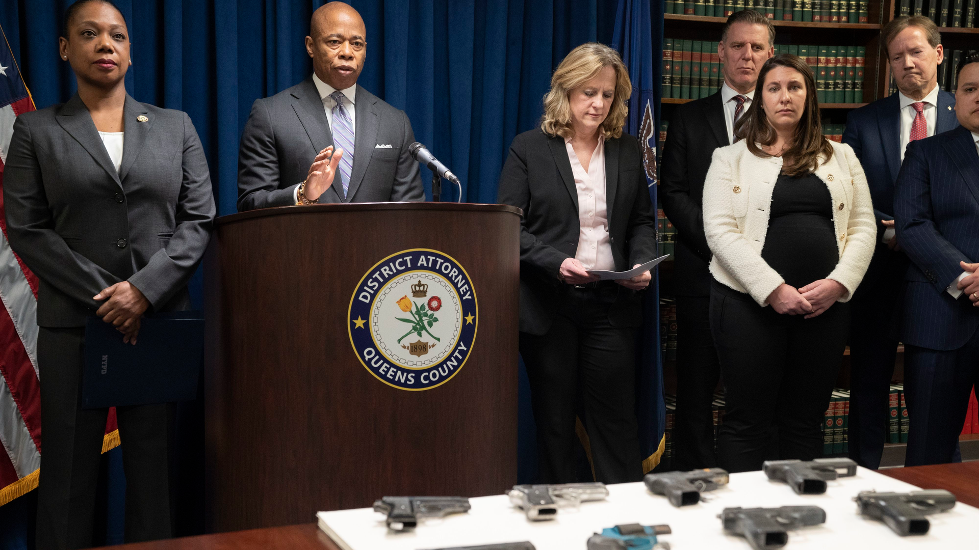Mayor Eric Adams speaks alongside NYPD Commissioner Keechant Sewell and Queens DA Melinda Katz during a press conference at the Queens DA's Office in relation to a gang takedown Tuesday, Feb.14, in Queens, New York.