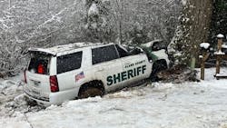 Clark County, WA, Sheriff's Deputy Drew Kennison had hls leg amputated after his patrol SUV was crushed by a falling tree in Skamania County on Wednesday. Clark County, WA, Sheriff's Deputy Drew Kennison had hls leg amputated after his patrol SUV was crushed by a falling tree in Skamania County on Wednesday.
