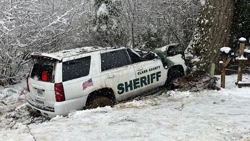 Clark County, WA, Sheriff's Deputy Drew Kennison had hls leg amputated after his patrol SUV was crushed by a falling tree in Skamania County on Wednesday. Clark County, WA, Sheriff's Deputy Drew Kennison had hls leg amputated after his patrol SUV was crushed by a falling tree in Skamania County on Wednesday.