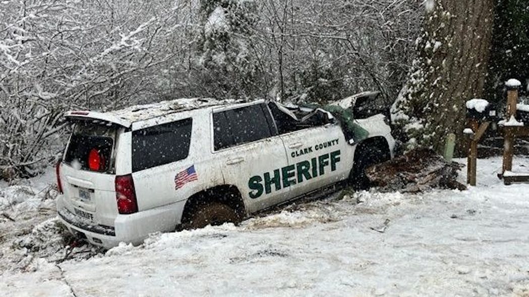 Clark County, WA, Sheriff's Deputy Drew Kennison had hls leg amputated after his patrol SUV was crushed by a falling tree in Skamania County on Wednesday.