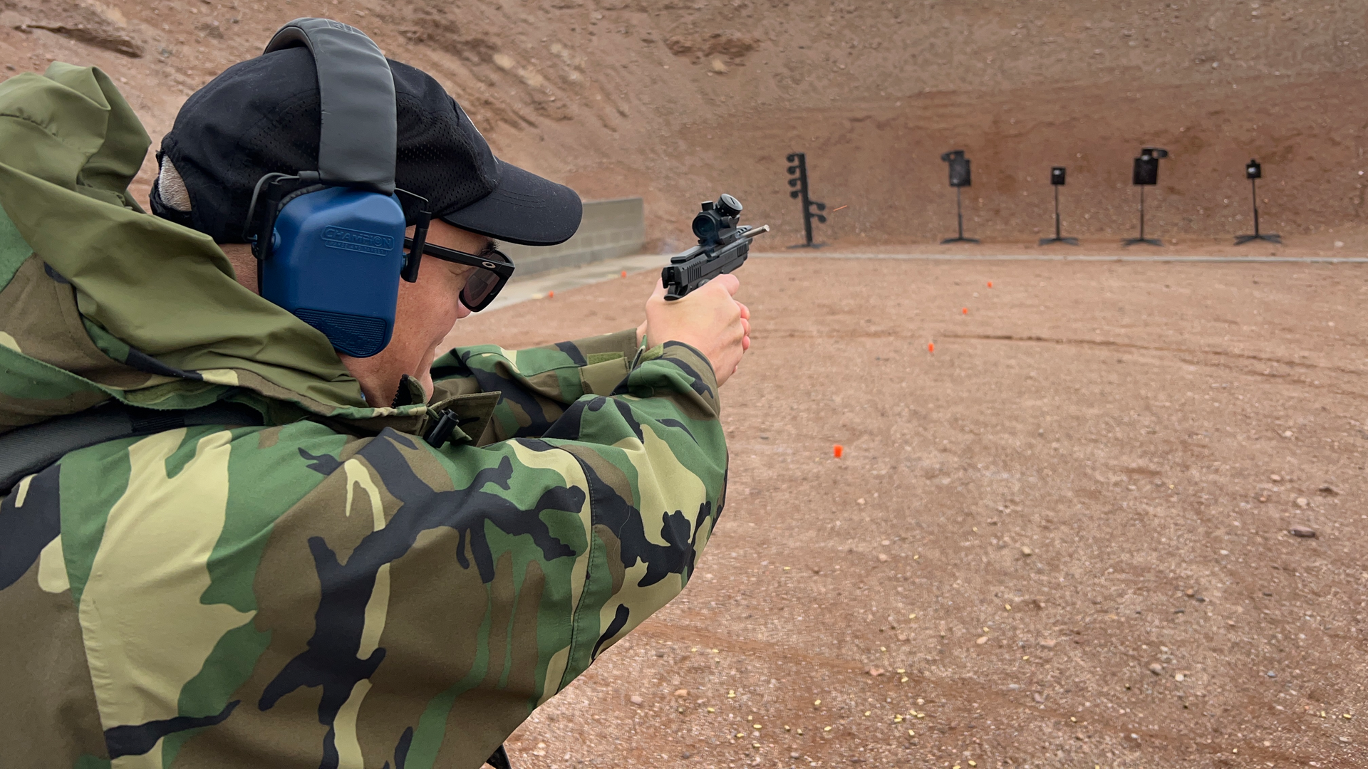 Lindsey shot Rock Island Armory's XT 22, a 22 magnum, 14 round, 1911 style design. It has a pinned 5'barrel, and a delayed blow back action. Although it has the same feel as a 1911, the grip radius is slightly longer to accomodate the laonger cartridge. This auto allowed the shooter to quick follow up shots on target, with light recoil and a good defensive cartridge.