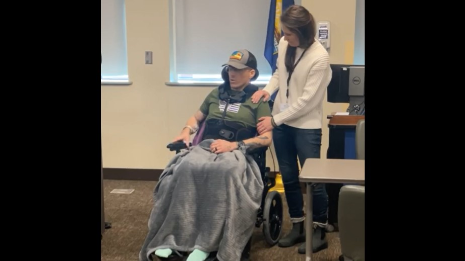 Montana Highway Patrol Trooper Lewis Johnson, who was seriously injured when he was struck by a fleeing vehicle Feb. 16, made a brief public appearance Sunday to thank supporters.