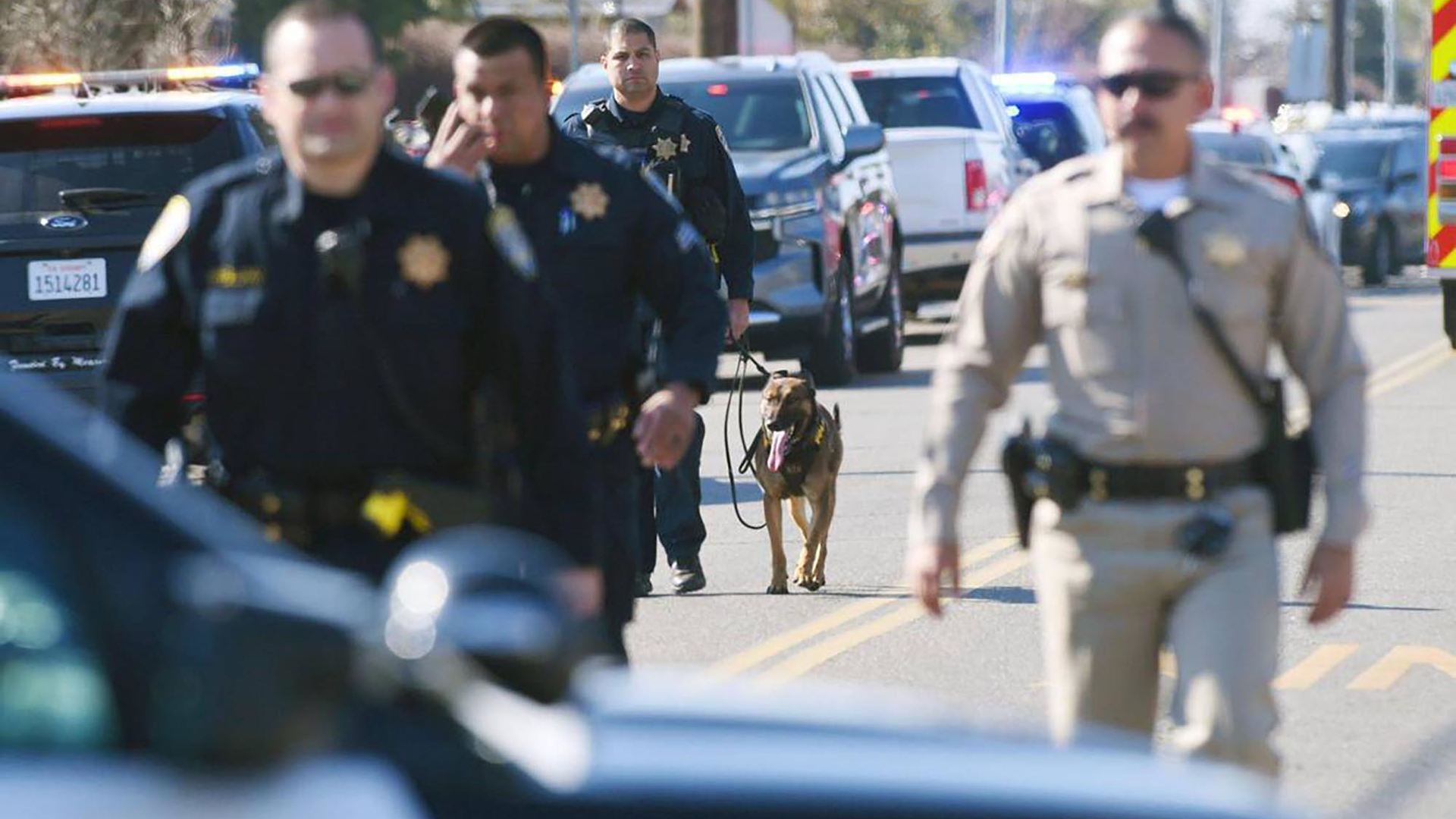 Selma Police and California Highway Patrol officers walk east along Rose Avenue just west of 99 after a shooting incident on Tuesday, Jan. 31, 2023, in Selma, California.