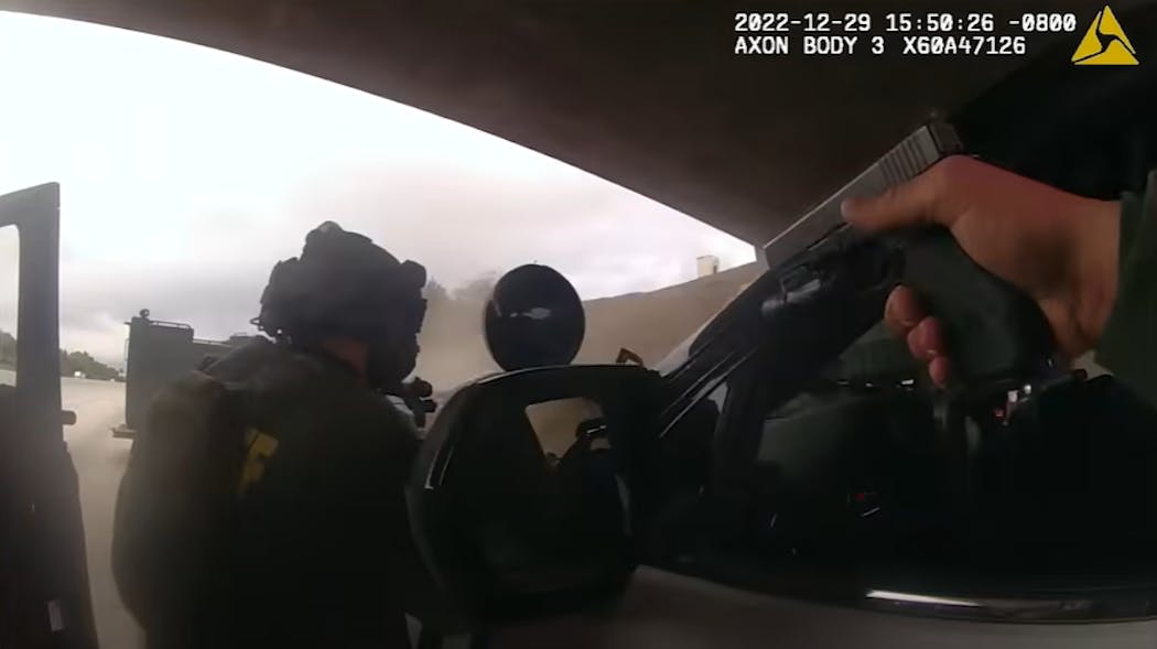 Five Riverside County sheriff’s deputies opened fire on cop-killing suspect William Shae McKay on Dec. 29 after he crashed on the 15 Freeway in Norco at the end of a two-county pursuit, uniform-worn camera videotape released this week shows.
