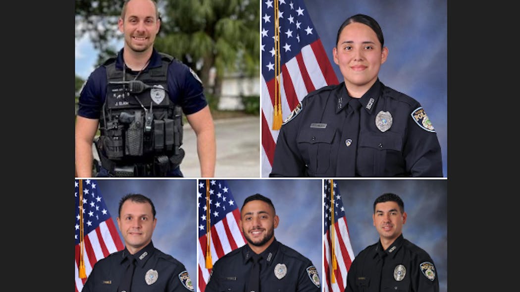 Corporal Joseph Elam, Officer Esmerelda Dominges, Officer Noel Feliciano, Officer Justin Vasquez and Sgt. Nick Dublino