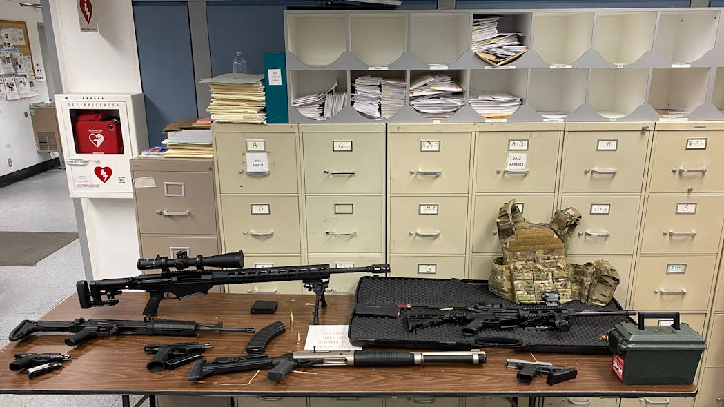 Los Angeles police arrested a man accused of threatening mass violence and then confiscated a stockpile of firearms from his Hollywood apartment — several of which were aimed at a nearby park, police said. Los Angeles police arrested a man accused of threatening mass violence and then confiscated a stockpile of firearms from his Hollywood apartment — several of which were aimed at a nearby park, police said.