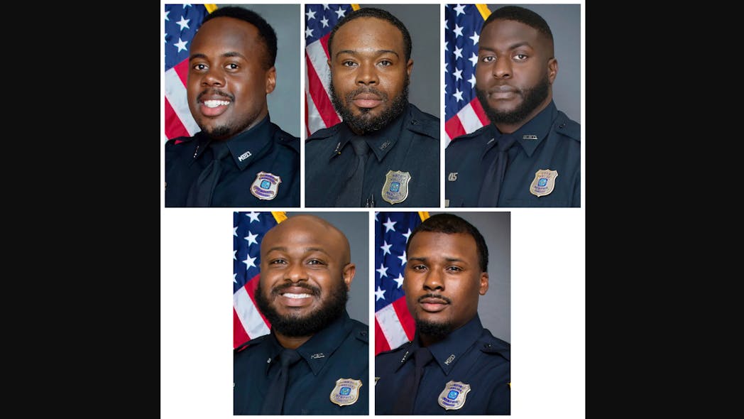 From top row from left, Police Officers Tadarrius Bean, Demetrius Haley, Emmitt Martin III, bottom row from left, Desmond Mills, Jr. and Justin Smith.