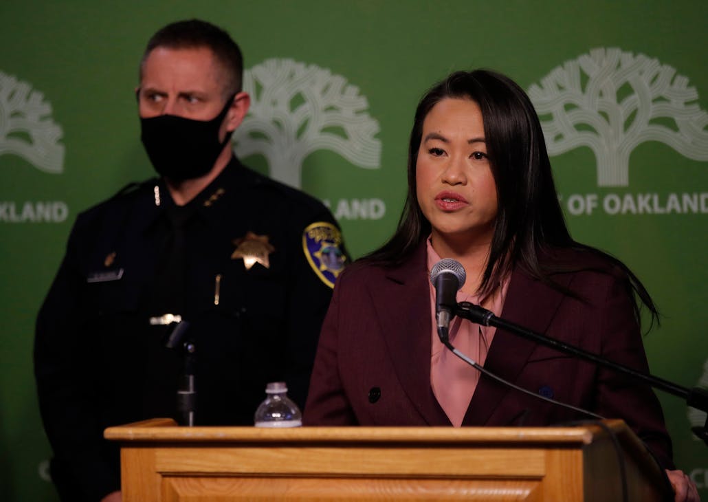 Oakland Mayor Sheng Thao announces the firing of Oakland police Chief LeRonne Armstrong during a press conference at City Hall in Oakland, Calif., on Wednesday, Feb. 15, 2023. Armstrong was placed on leave last month amid a misconduct scandal within his department.