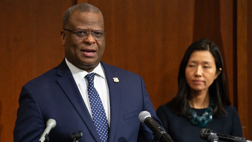 Boston Police Commissioner Michael Cox and Mayor Michelle Wu speak to the media at police headquarters Monday. Boston Police Commissioner Michael Cox and Mayor Michelle Wu speak to the media at police headquarters Monday.