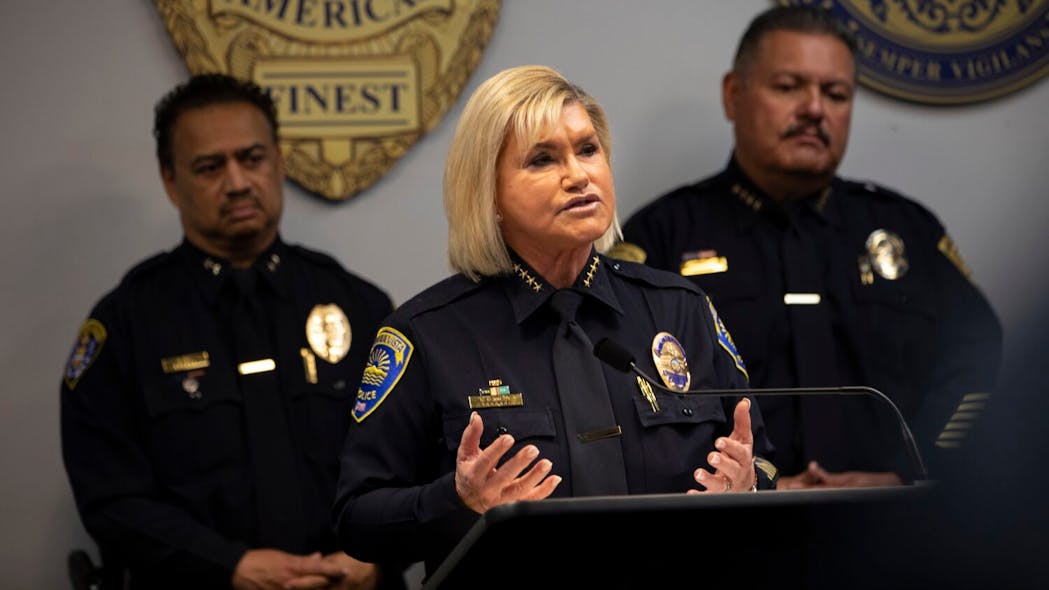 At press conference Tuesday, Chula Vista, CA, Police Chief Roxana Kennedy defends a new national program that allows officers in her city, San Diego and National City to hand out vouchers instead of citations for broken vehicle lights.