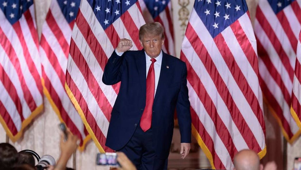 Former President Donald Trump pumps his fist at the crowd after announcing his 2024 bid to run for the White House at his Mar-a-Lago club in Palm Beach, FL, in November.