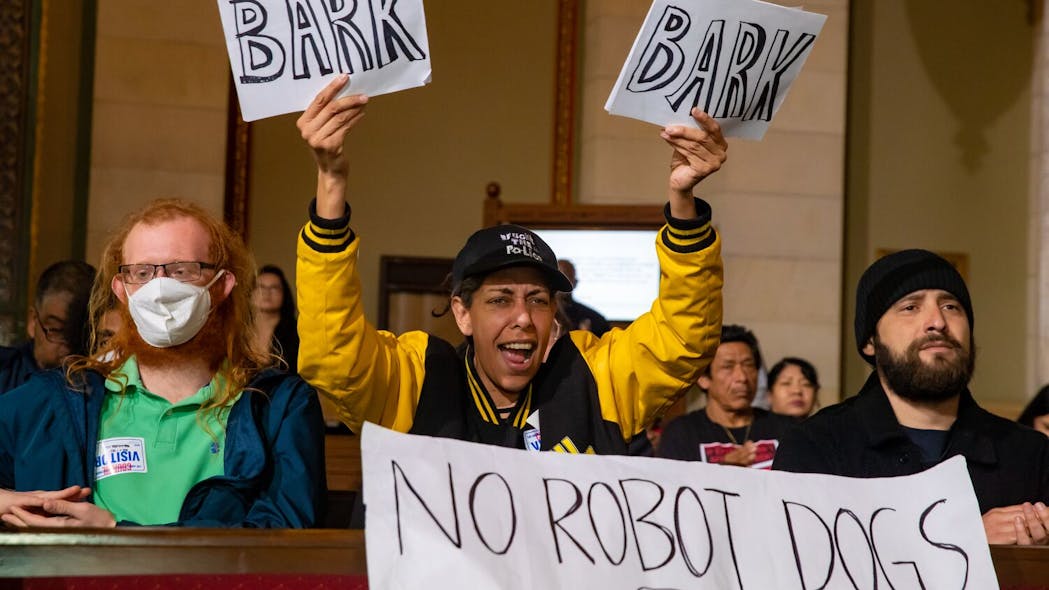 An audience member Tuesday voices her opposition to the donation of a robot dog to the LAPD. An audience member Tuesday voices her opposition to the donation of a robot dog to the LAPD.