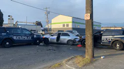 Four Seattle police officers were injured in a crash with a suspect trying to flee Tuesday. Four Seattle police officers were injured in a crash with a suspect trying to flee Tuesday.