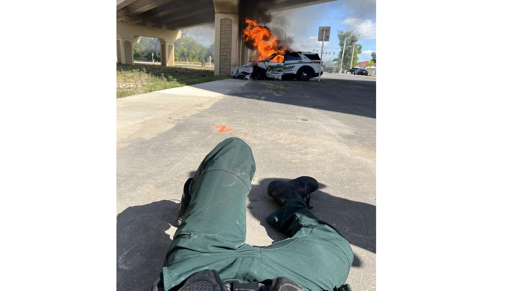 An off-duty Orlando, FL, firefighter pulled a Seminole County sheriff's deputy out of a burning patrol vehicle after the deputy suffered a medical emergency crashed into an overpass support in Sanford on Saturday.