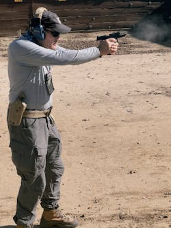 The Springfield 1911 DS Prodigy has a composite frame, which consists of a forged piece, complete with Picatinny rails, mated to a polymer grip. Since the weight of the steel is just above the hand, it also serves as a dampening agent, in the same manner a tightrope walker sometimes uses a horizontal pole, which controls the 'moment of inertia'. Officers need to put rounds downrange through this gun to experience the smoothness. The Springfield 1911 DS Prodigy has a composite frame, which consists of a forged piece, complete with Picatinny rails, mated to a polymer grip. Since the weight of the steel is just above the hand, it also serves as a dampening agent, in the same manner a tightrope walker sometimes uses a horizontal pole, which controls the 'moment of inertia'. Officers need to put rounds downrange through this gun to experience the smoothness.