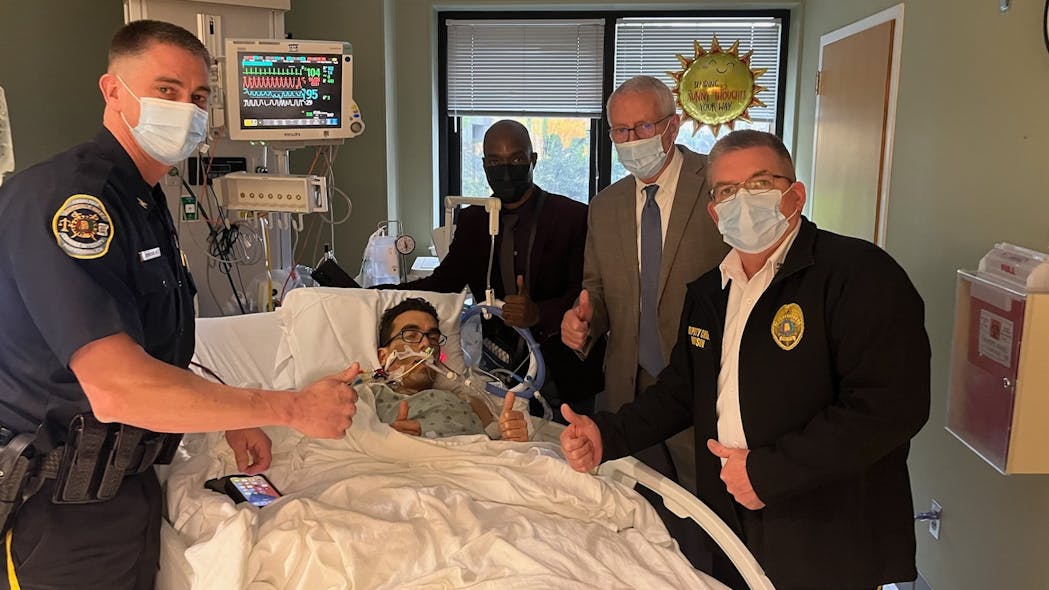 Critically wounded Huntsville, AL, Police Officer Albert Morin was visited at the hospital by department officials following a shooting last week that left another officer dead.
