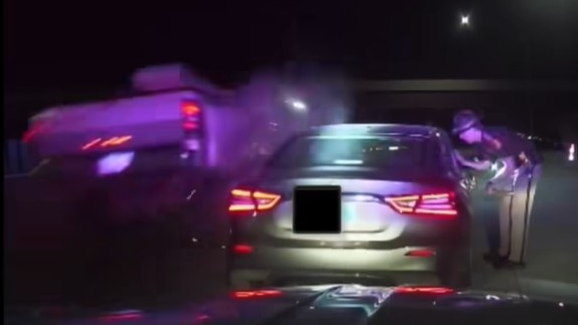 An Iowa State Patrol trooper avoided injury April 14 when a truck crashed into the driver's side of a stopped car as the trooper was on the passenger side talking to an occupant.