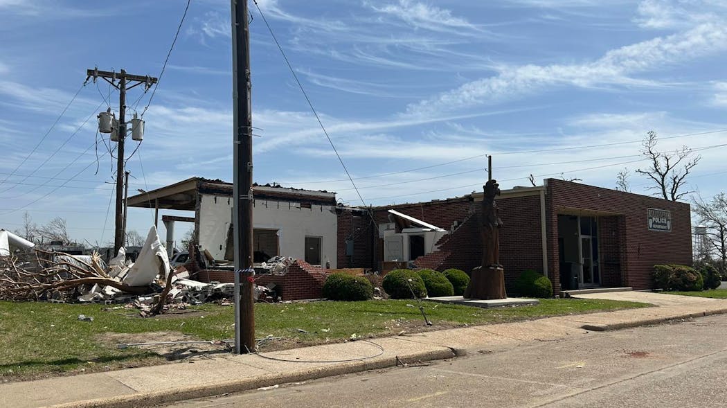 The headquarters for the Rolling Fork, MS, Police Department was destroyed by a devastating tornado that tore through the small town and the state last month. The headquarters for the Rolling Fork, MS, Police Department was destroyed by a devastating tornado that tore through the small town and the state last month.