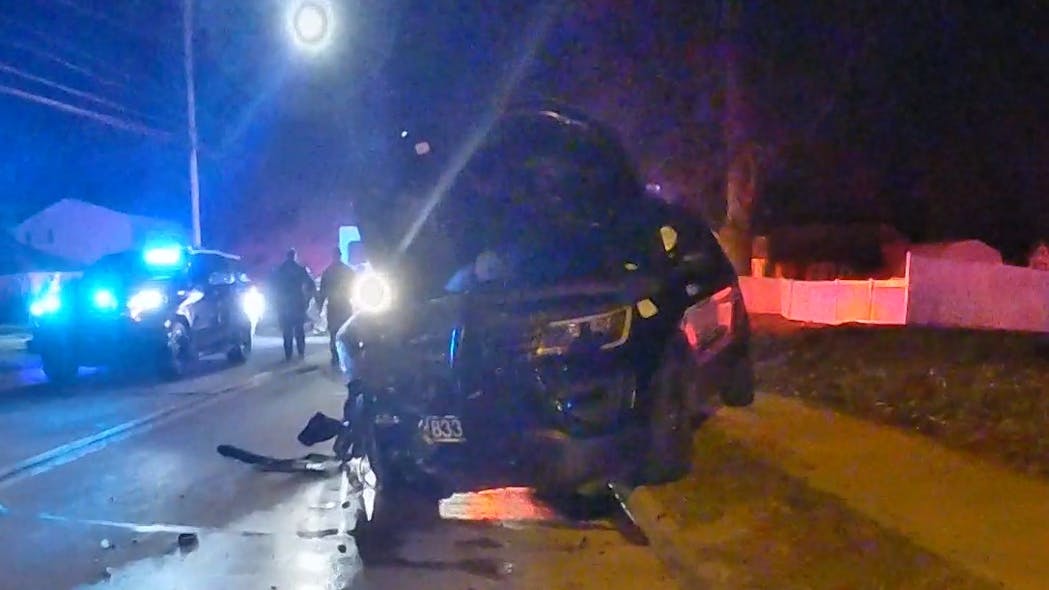 A Willowick, OH, police officer apprehended a suspect recklessly driving a stolen car after the driver crashed head-on into the officer's patrol car Tuesday. A Willowick, OH, police officer apprehended a suspect recklessly driving a stolen car after the driver crashed head-on into the officer's patrol car Tuesday.