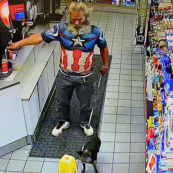 A Florida man wearing in a Captain America T-shirt and traveling with a dog was arrested by Natchitoches Parish, LA, sheriff's deputies after a 100-mph chase through two parishes Tuesday. A Florida man wearing in a Captain America T-shirt and traveling with a dog was arrested by Natchitoches Parish, LA, sheriff's deputies after a 100-mph chase through two parishes Tuesday.