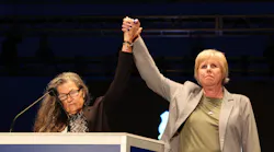 Patricia Carruth, National President of Concerns of Police Survivors, on the left, is seen during her speech at the 35th Annual Candlelight on the National Mall in Washington, D.C., on May 13.