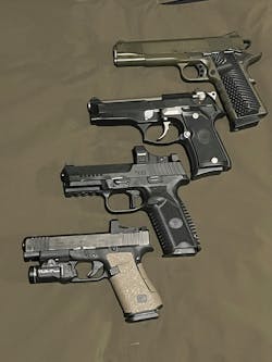Top to bottom: Springfield Armory 1911 .45ACP 8+1, Beretta 96FCM .40S&W 10+1, FN 509 MRD-LE 9mm 17+1, Glock 48MOS 9mm 15+1. What suits your agency needs best AND will work comfortably in the hands of your officers? Top to bottom: Springfield Armory 1911 .45ACP 8+1, Beretta 96FCM .40S&W 10+1, FN 509 MRD-LE 9mm 17+1, Glock 48MOS 9mm 15+1. What suits your agency needs best AND will work comfortably in the hands of your officers?