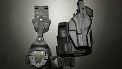 Rapid Force Duty Holster on Quick Disconnect System and shown with belt-to-leg extension. Rapid Force Duty Holster on Quick Disconnect System and shown with belt-to-leg extension.