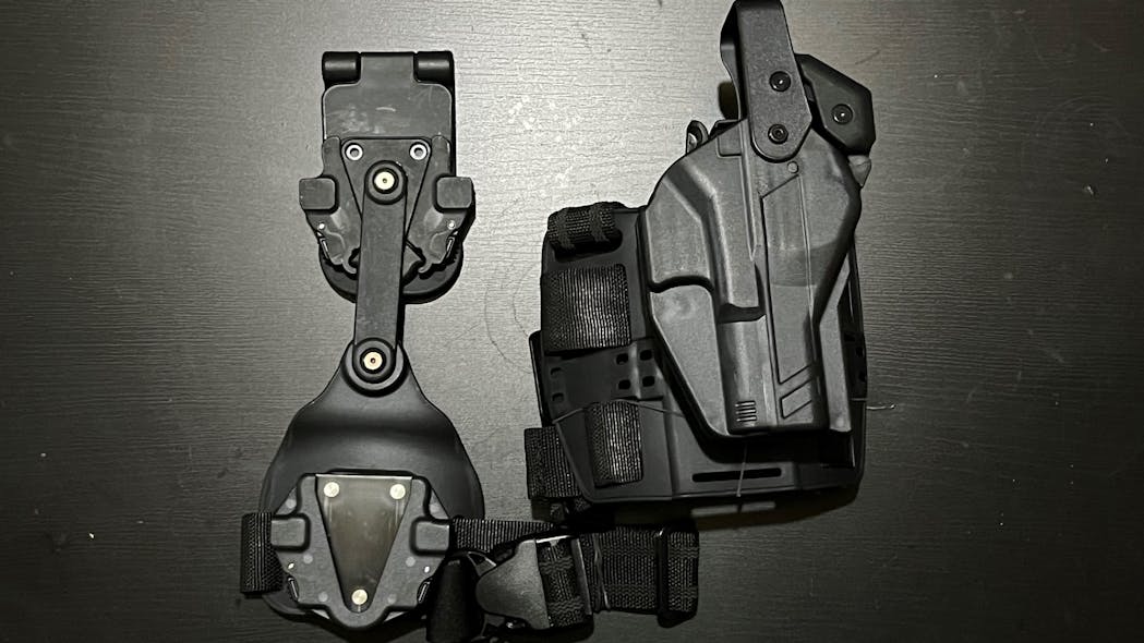 Rapid Force Duty Holster on Quick Disconnect System and shown with belt-to-leg extension.