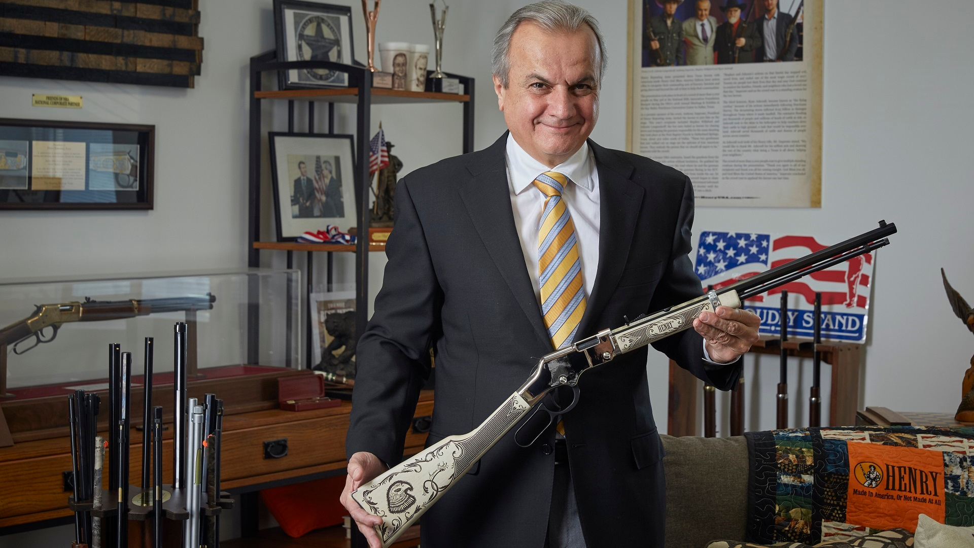 Henry Repeating Arms Founder and CEO Anthony Imperato displays a Henry American Eagle lever action rifle in the company&rsquo;s Bayonne, New Jersey manufacturing plant.