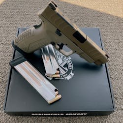 The Springfield XD-M Elite 10mm Has a polymer frame, hammer forged barrel, and Melonite coated slide. The slide has an optic cut, and the gun comes with adapter plates.