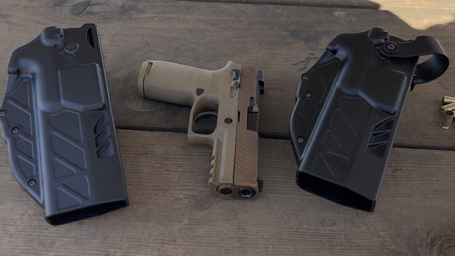 Gould and Goodrich's T.E.L.R. Holster is seen with a SIG SAUER P320 M18 variant.