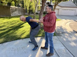 A good lock must 'checkmate' the opponent by controlling, and not allowing them to move in a direction that puts them into a position of advantage. JuJitsu artists do this by simple princlples, including 'creating a base'. A base 'pins' a preson, preventing him from using his other tools. George has locked Lindsey into a painful lock with very little effort. A good lock must 'checkmate' the opponent by controlling, and not allowing them to move in a direction that puts them into a position of advantage. JuJitsu artists do this by simple princlples, including 'creating a base'. A base 'pins' a preson, preventing him from using his other tools. George has locked Lindsey into a painful lock with very little effort.
