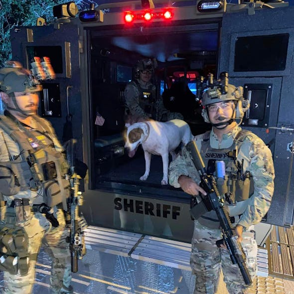 Martin County, FL, Sheriff&apos;s Office SWAT members were surprised while serving warrants at a Jensen Beach home Tuesday when a dog bolted from the house and jumped into the back of the agency&apos;s armored vehicle.