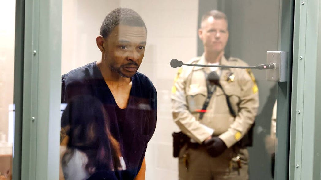 Jemarcus Williams, charged with DUI in the death of two Nevada Highway Patrol troopers on Interstate 15, appears in court during his initial arraignment at the Regional Justice Center, on Friday in Las Vegas.
