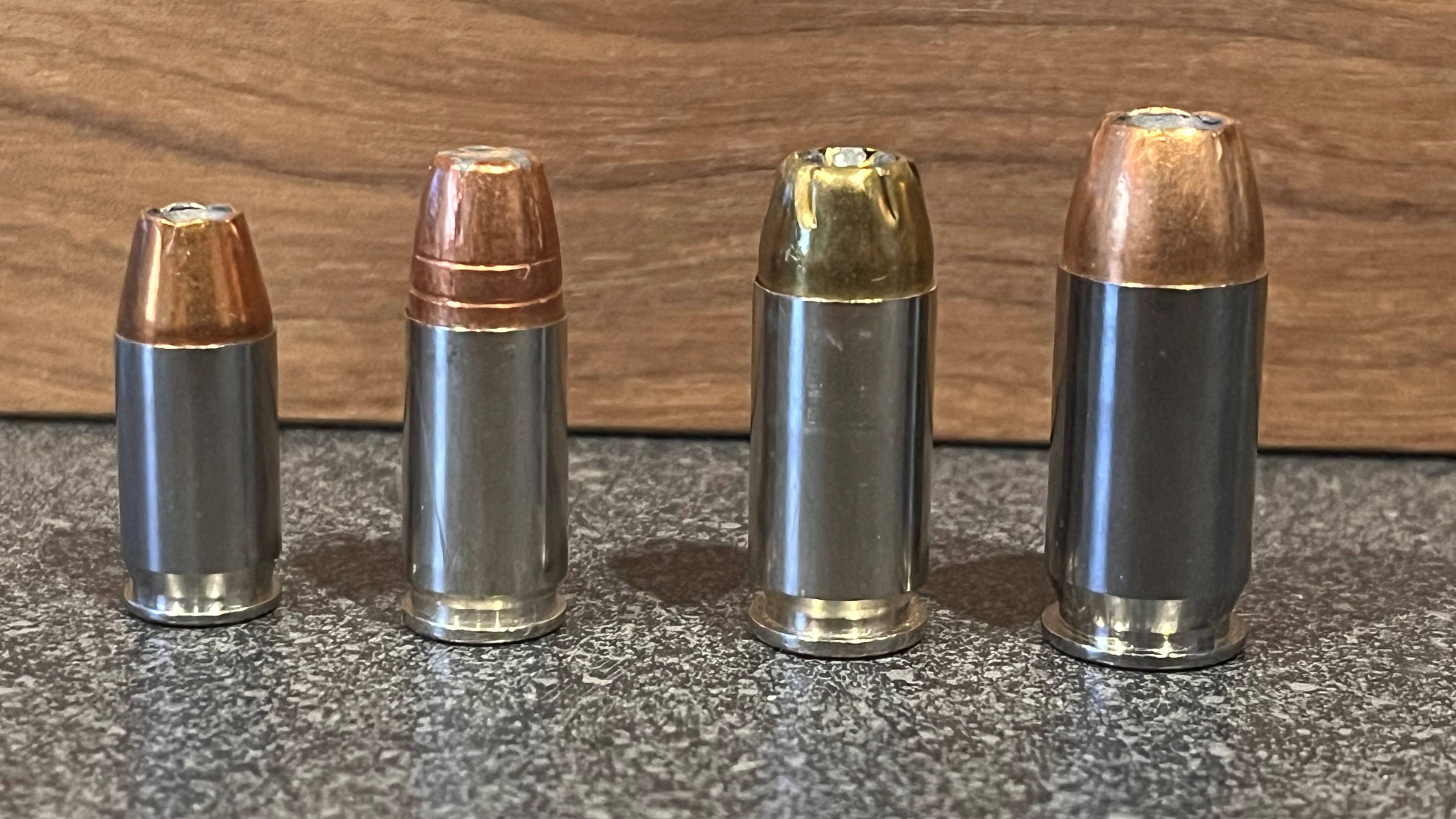 Left to right: .380ACP, 9mm, .40S&W, .45ACP. .30SC would go in between the .380 and the 9mm.