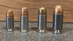 Left to right: .380ACP, 9mm, .40S&amp;W, .45ACP. .30SC would go in between the .380 and the 9mm.