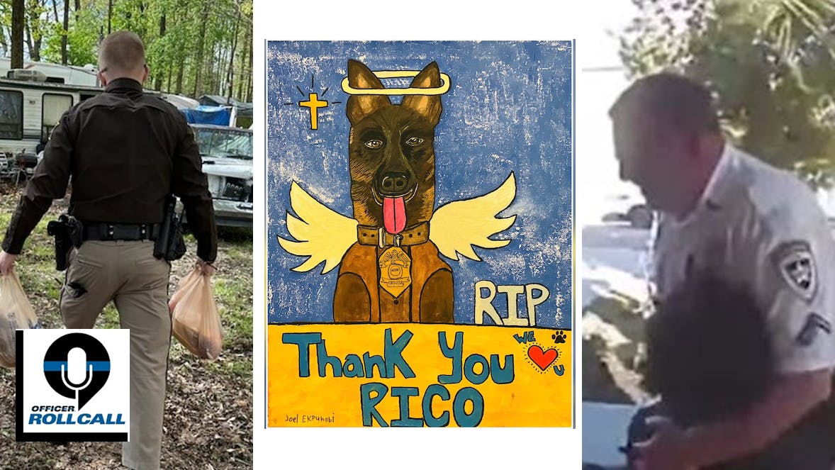 Three of the heartwarming law enforcement stories from 2023: A Hancock County, IN, sheriff's deputy delivers groceries for a woman who had to use a small electric scooter to travel along a dangerous 5-mile stretch of road (left). A painting honoring Rico, a South Carolina Law Enforcement Division (SLED) K-9 who was killed in the line of duty in September. A Hillsborough County, FL, sheriff's deputy is greeted by a boy who called 9-1-1 for a hug.