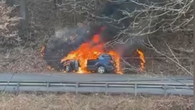 VIDEO: Massachusetts State Police cruiser catches fire in Northfield